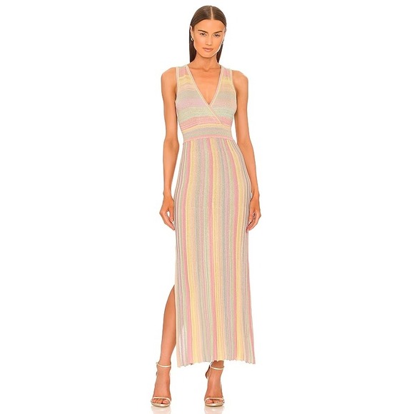 LoveShackFancy Mylene Ribbed Knit Maxi Dress Pastel Sunrise MetallicSize LG